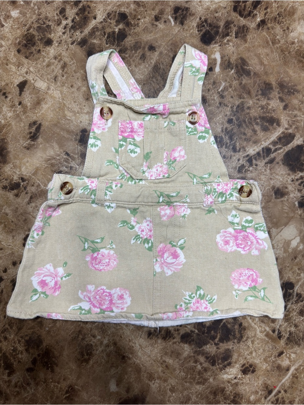 Baby Floral Khaki Overall Dress with Pink Roses